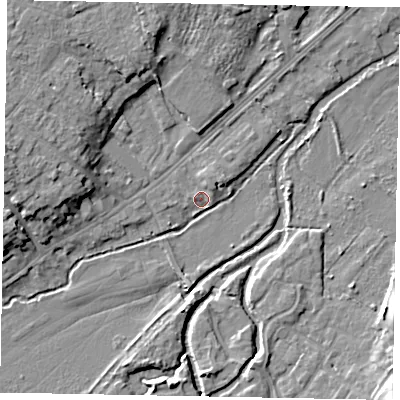 Shaded relief map of the ground around GU73JB, computed from Environment Agency LiDAR. The ground here sits at about 36 m above sea level and falls 9 m across the surrounding 800 m. Surface water reaching this point runs off ground lying to the west-north-west, 8.9 m higher.