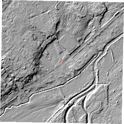 Shaded relief map of the ground around GU73JD, computed from Environment Agency LiDAR. The ground here sits at about 36 m above sea level and falls 11 m across the surrounding 800 m. Surface water reaching this point runs off ground lying to the west, 9.1 m higher.