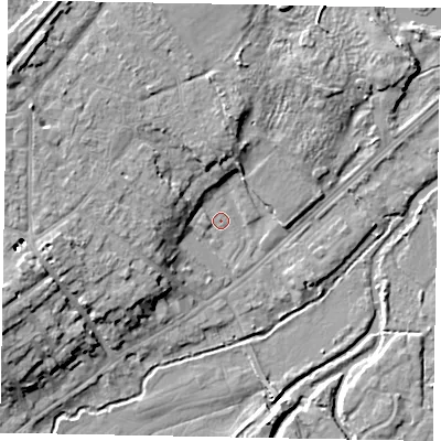 Shaded relief map of the ground around GU73JE, computed from Environment Agency LiDAR. The ground here sits at about 36 m above sea level and falls 12 m across the surrounding 800 m. Surface water reaching this point runs off ground lying to the west-south-west, 10.2 m higher.