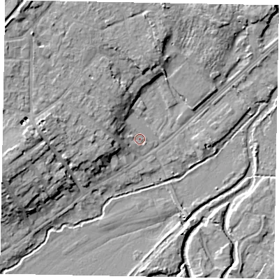 Shaded relief map of the ground around GU73JG, computed from Environment Agency LiDAR. The ground here sits at about 36 m above sea level and falls 12 m across the surrounding 800 m. Surface water reaching this point runs off ground lying to the west, 8.5 m higher.