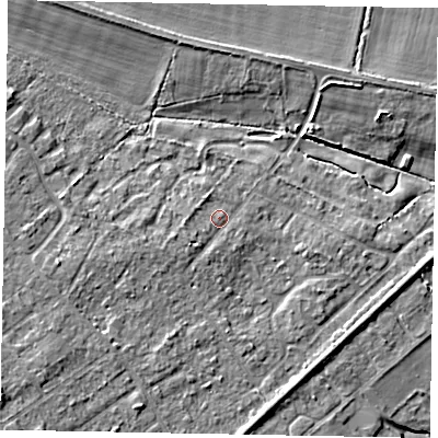 Shaded relief map of the ground around GU73NP, computed from Environment Agency LiDAR. The ground here sits at about 42 m above sea level and falls 10 m across the surrounding 800 m. Surface water reaching this point runs off ground lying to the south-west, 1.5 m higher.