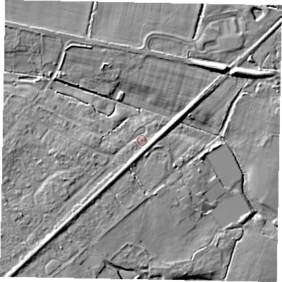 Shaded relief map of the ground around GU73NU, computed from Environment Agency LiDAR. The ground here sits at about 39 m above sea level and falls 9 m across the surrounding 800 m. Surface water reaching this point runs off ground lying to the south-south-west, 4.6 m higher.