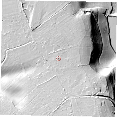 Shaded relief map of the ground around GU84AD, computed from Environment Agency LiDAR. The ground here sits at about 131 m above sea level and falls 70 m across the surrounding 800 m. Surface water reaching this point runs off ground lying to the south-east, 2.1 m higher.