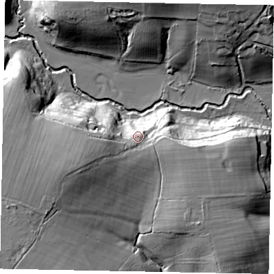 Shaded relief map of the ground around GU84LP, computed from Environment Agency LiDAR. The ground here sits at about 49 m above sea level and falls 25 m across the surrounding 800 m. Surface water reaching this point runs off ground lying to the west-south-west, 10.2 m higher.
