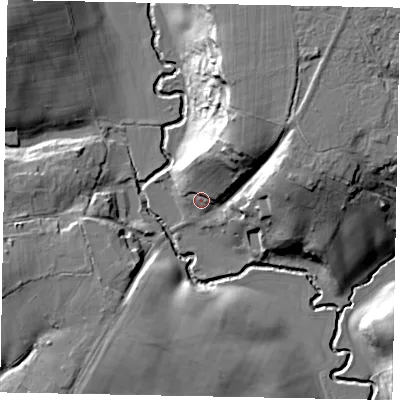 Shaded relief map of the ground around GU84PA, computed from Environment Agency LiDAR. The ground here sits at about 36 m above sea level and falls 24 m across the surrounding 800 m. Surface water reaching this point runs off ground lying to the north-north-east, 16.8 m higher.