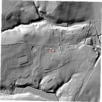 Shaded relief map of the ground around GU84PB, computed from Environment Agency LiDAR. The ground here sits at about 43 m above sea level and falls 24 m across the surrounding 800 m. Surface water reaching this point runs off ground lying to the north-north-west, 2.6 m higher.
