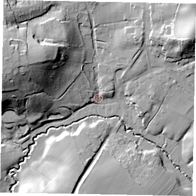 Shaded relief map of the ground around GU84SH, computed from Environment Agency LiDAR. The ground here sits at about 49 m above sea level and falls 41 m across the surrounding 800 m. Surface water reaching this point runs off ground lying to the west-north-west, 34.8 m higher.