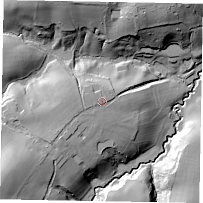 Shaded relief map of the ground around GU84SJ, computed from Environment Agency LiDAR. The ground here sits at about 71 m above sea level and falls 39 m across the surrounding 800 m. Surface water reaching this point runs off ground lying to the south-west, 5.6 m higher.