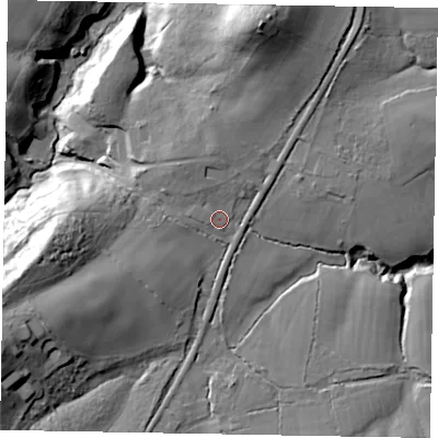 Shaded relief map of the ground around GU84SN, computed from Environment Agency LiDAR. The ground here sits at about 76 m above sea level and falls 36 m across the surrounding 800 m. Surface water reaching this point runs off ground lying to the west-south-west, 22.3 m higher.