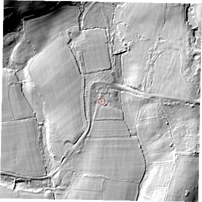Shaded relief map of the ground around GU84SX, computed from Environment Agency LiDAR. The ground here sits at about 60 m above sea level and falls 40 m across the surrounding 800 m. Surface water reaching this point runs off ground lying to the north, 3.4 m higher.