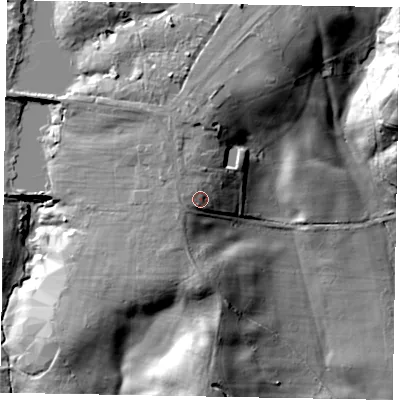 Shaded relief map of the ground around GU84SY, computed from Environment Agency LiDAR. The ground here sits at about 67 m above sea level and falls 27 m across the surrounding 800 m. Surface water reaching this point runs off ground lying to the north, 5.5 m higher.