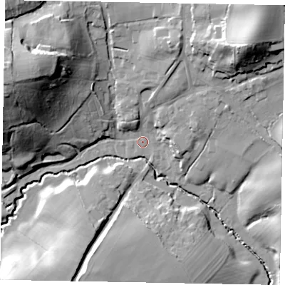 Shaded relief map of the ground around GU84TL, computed from Environment Agency LiDAR. The ground here sits at about 49 m above sea level and falls 40 m across the surrounding 800 m. Surface water reaching this point runs off ground lying to the north-east, 31.0 m higher.