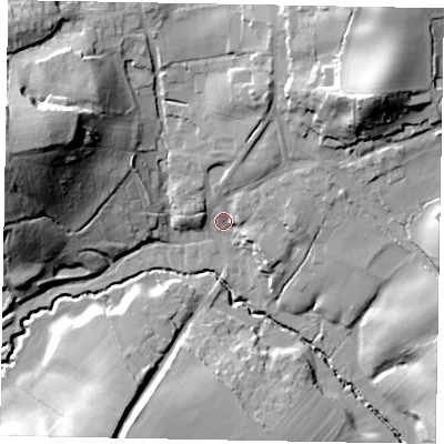 Shaded relief map of the ground around GU84TX, computed from Environment Agency LiDAR. The ground here sits at about 50 m above sea level and falls 40 m across the surrounding 800 m. Surface water reaching this point runs off ground lying to the north-east, 31.0 m higher.