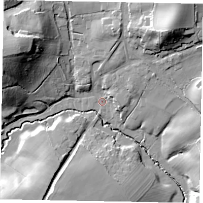 Shaded relief map of the ground around GU84TY, computed from Environment Agency LiDAR. The ground here sits at about 48 m above sea level and falls 39 m across the surrounding 800 m. Surface water reaching this point runs off ground lying to the north-east, 31.0 m higher.