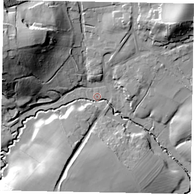 Shaded relief map of the ground around GU84TZ, computed from Environment Agency LiDAR. The ground here sits at about 49 m above sea level and falls 41 m across the surrounding 800 m. Surface water reaching this point runs off ground lying to the west-north-west, 37.7 m higher.