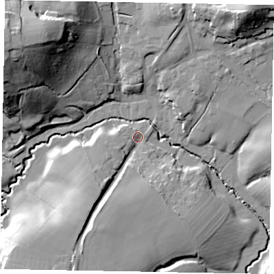 Shaded relief map of the ground around GU84UA, computed from Environment Agency LiDAR. The ground here sits at about 50 m above sea level and falls 41 m across the surrounding 800 m. Surface water reaching this point runs off ground lying to the south-south-west, 18.1 m higher.