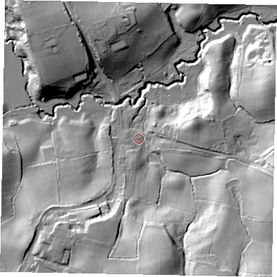 Shaded relief map of the ground around GU84UR, computed from Environment Agency LiDAR. The ground here sits at about 47 m above sea level and falls 39 m across the surrounding 800 m. Surface water reaching this point runs off ground lying to the south, 33.0 m higher.