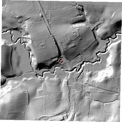 Shaded relief map of the ground around GU84UU, computed from Environment Agency LiDAR. The ground here sits at about 49 m above sea level and falls 26 m across the surrounding 800 m. Surface water reaching this point runs off ground lying to the north-north-west, 16.7 m higher.