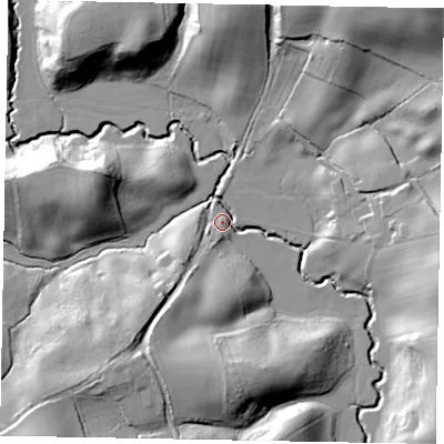 Shaded relief map of the ground around GU84XU, computed from Environment Agency LiDAR. The ground here sits at about 40 m above sea level and falls 27 m across the surrounding 800 m. Surface water reaching this point runs off ground lying to the south-west, 26.4 m higher.