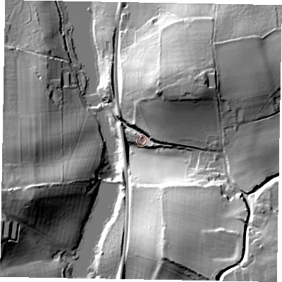Shaded relief map of the ground around GU85AH, computed from Environment Agency LiDAR. The ground here sits at about 69 m above sea level and falls 45 m across the surrounding 800 m. Surface water reaching this point runs off ground lying to the south-east, 37.1 m higher.