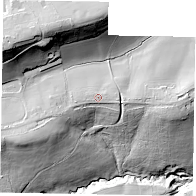 Shaded relief map of the ground around GU85LA, computed from Environment Agency LiDAR. The ground here sits at about 110 m above sea level and falls 75 m across the surrounding 800 m. Surface water reaching this point runs off ground lying to the west-south-west, 2.1 m higher.