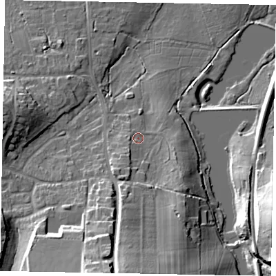 Shaded relief map of the ground around GU85LQ, computed from Environment Agency LiDAR. The ground here sits at about 62 m above sea level and falls 26 m across the surrounding 800 m. Surface water reaching this point runs off ground lying to the south, 18.8 m higher.
