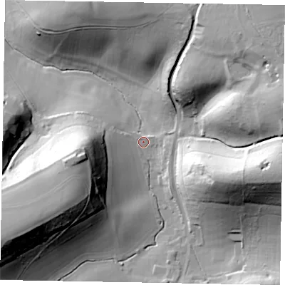 Shaded relief map of the ground around GU85UW, computed from Environment Agency LiDAR. The ground here sits at about 96 m above sea level and falls 55 m across the surrounding 800 m. Surface water reaching this point runs off ground lying to the east-south-east, 45.2 m higher.