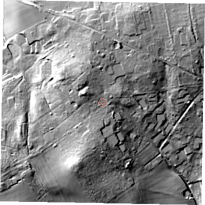 Shaded relief map of the ground around GU86AY, computed from Environment Agency LiDAR. The ground here sits at about 81 m above sea level and falls 27 m across the surrounding 800 m. Surface water reaching this point runs off ground lying to the west-north-west, 4.9 m higher.