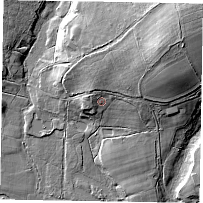 Shaded relief map of the ground around GU86BH, computed from Environment Agency LiDAR. The ground here sits at about 53 m above sea level and falls 30 m across the surrounding 800 m. Surface water reaching this point runs off ground lying to the north-east, 12.5 m higher.