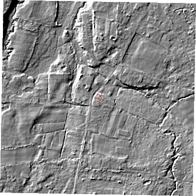 Shaded relief map of the ground around GU86EB, computed from Environment Agency LiDAR. The ground here sits at about 52 m above sea level and falls 7 m across the surrounding 800 m. Surface water reaching this point runs off ground lying to the south-east, 1.5 m higher.