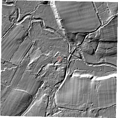 Shaded relief map of the ground around GU86FE, computed from Environment Agency LiDAR. The ground here sits at about 43 m above sea level and falls 13 m across the surrounding 800 m. Surface water reaching this point runs off ground lying to the south-west, 5.5 m higher.