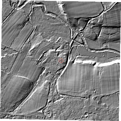 Shaded relief map of the ground around GU86FF, computed from Environment Agency LiDAR. The ground here sits at about 46 m above sea level and falls 10 m across the surrounding 800 m. Surface water reaching this point runs off ground lying to the south-south-west, 1.0 m higher.