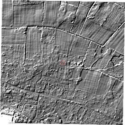 Shaded relief map of the ground around GU86HQ, computed from Environment Agency LiDAR. The ground here sits at about 50 m above sea level and falls 26 m across the surrounding 800 m. Surface water reaching this point runs off ground lying to the west-south-west, 0.6 m higher.