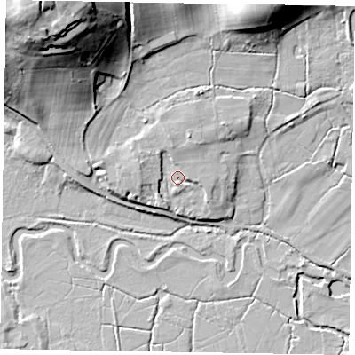 Shaded relief map of the ground around GU86LE, computed from Environment Agency LiDAR. The ground here sits at about 49 m above sea level and falls 37 m across the surrounding 800 m. Surface water reaching this point runs off ground lying to the west-north-west, 3.1 m higher.