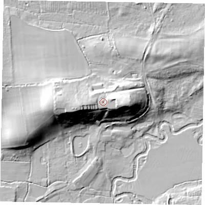 Shaded relief map of the ground around GU86LG, computed from Environment Agency LiDAR. The ground here sits at about 67 m above sea level and falls 33 m across the surrounding 800 m. Surface water reaching this point runs off ground lying to the east, 2.7 m higher.
