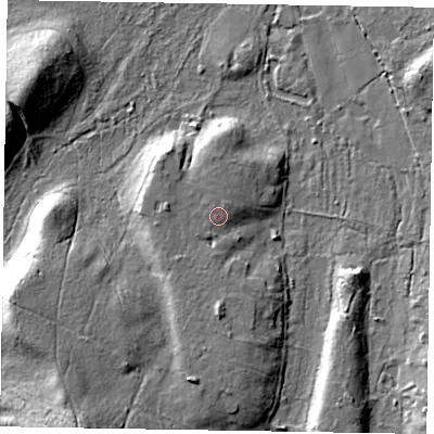 Shaded relief map of the ground around GU86LL, computed from Environment Agency LiDAR. The ground here sits at about 62 m above sea level and falls 23 m across the surrounding 800 m. Surface water reaching this point runs off ground lying to the south-west, 0.7 m higher.