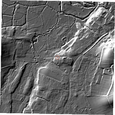 Shaded relief map of the ground around GU86LQ, computed from Environment Agency LiDAR. The ground here sits at about 50 m above sea level and falls 25 m across the surrounding 800 m. Surface water reaching this point runs off ground lying to the east-south-east, 4.9 m higher.