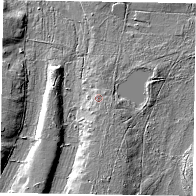 Shaded relief map of the ground around GU86LW, computed from Environment Agency LiDAR. The ground here sits at about 61 m above sea level and falls 11 m across the surrounding 800 m. Surface water reaching this point runs off ground lying to the south-south-east, 2.3 m higher.