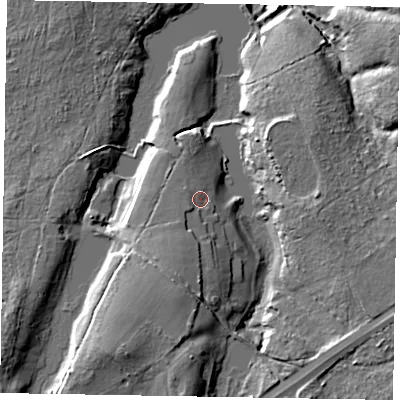 Shaded relief map of the ground around GU86NA, computed from Environment Agency LiDAR. The ground here sits at about 64 m above sea level and falls 20 m across the surrounding 800 m. Surface water reaching this point runs off ground lying to the south-south-west, 5.9 m higher.