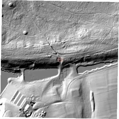 Shaded relief map of the ground around GU86ND, computed from Environment Agency LiDAR. The ground here sits at about 91 m above sea level and falls 43 m across the surrounding 800 m. Surface water reaching this point runs off ground lying to the east-north-east, 4.9 m higher.