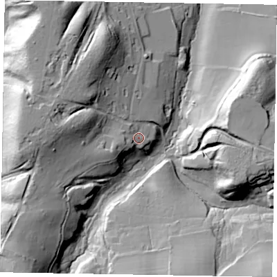 Shaded relief map of the ground around GU86QL, computed from Environment Agency LiDAR. The ground here sits at about 82 m above sea level and falls 41 m across the surrounding 800 m. Surface water reaching this point runs off ground lying to the west-south-west, 8.3 m higher.