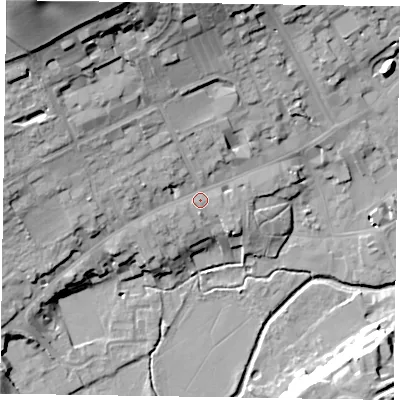 Shaded relief map of the ground around GU97DR, computed from Environment Agency LiDAR. The ground here sits at about 71 m above sea level and falls 35 m across the surrounding 800 m. Surface water reaching this point runs off ground lying to the north-west, 27.7 m higher.