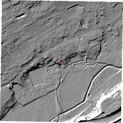 Shaded relief map of the ground around GU97DU, computed from Environment Agency LiDAR. The ground here sits at about 69 m above sea level and falls 23 m across the surrounding 800 m. Surface water reaching this point runs off ground lying to the north-north-west, 6.0 m higher.