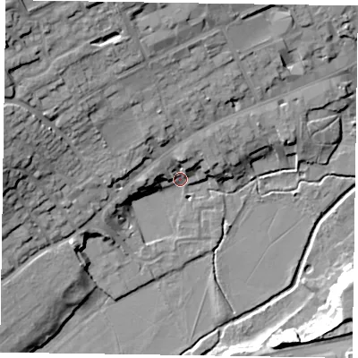 Shaded relief map of the ground around GU97DY, computed from Environment Agency LiDAR. The ground here sits at about 66 m above sea level and falls 26 m across the surrounding 800 m. Surface water reaching this point runs off ground lying to the west-north-west, 20.5 m higher.