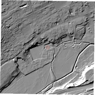 Shaded relief map of the ground around GU97GB, computed from Environment Agency LiDAR. The ground here sits at about 65 m above sea level and falls 23 m across the surrounding 800 m. Surface water reaching this point runs off ground lying to the west-north-west, 19.5 m higher.