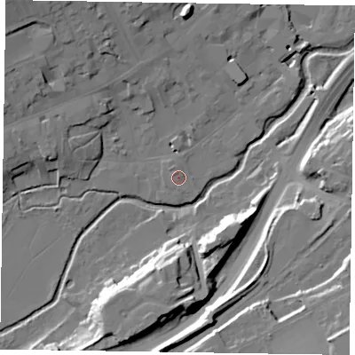 Shaded relief map of the ground around GU97GG, computed from Environment Agency LiDAR. The ground here sits at about 65 m above sea level and falls 26 m across the surrounding 800 m. Surface water reaching this point runs off ground lying to the north-west, 1.4 m higher.