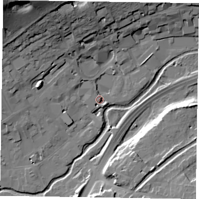 Shaded relief map of the ground around GU97GW, computed from Environment Agency LiDAR. The ground here sits at about 65 m above sea level and falls 39 m across the surrounding 800 m. Surface water reaching this point runs off ground lying to the east-south-east, 4.4 m higher.