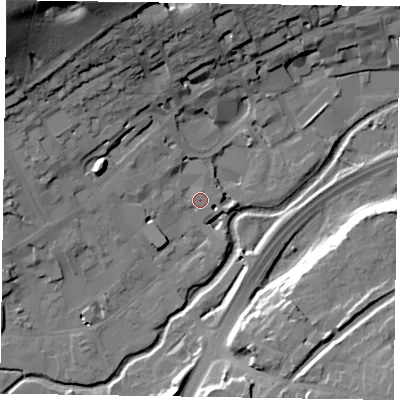 Shaded relief map of the ground around GU97GX, computed from Environment Agency LiDAR. The ground here sits at about 65 m above sea level and falls 41 m across the surrounding 800 m. Surface water reaching this point runs off ground lying to the north-north-west, 4.3 m higher.