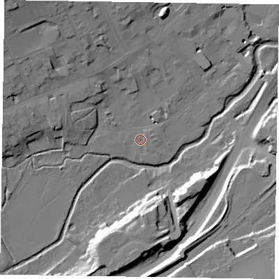 Shaded relief map of the ground around GU97NX, computed from Environment Agency LiDAR. The ground here sits at about 65 m above sea level and falls 24 m across the surrounding 800 m. Surface water reaching this point runs off ground lying to the east, 1.2 m higher.