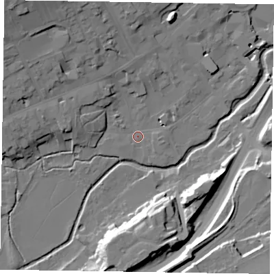 Shaded relief map of the ground around GU97PA, computed from Environment Agency LiDAR. The ground here sits at about 65 m above sea level and falls 23 m across the surrounding 800 m. Surface water reaching this point runs off ground lying to the east, 3.0 m higher.